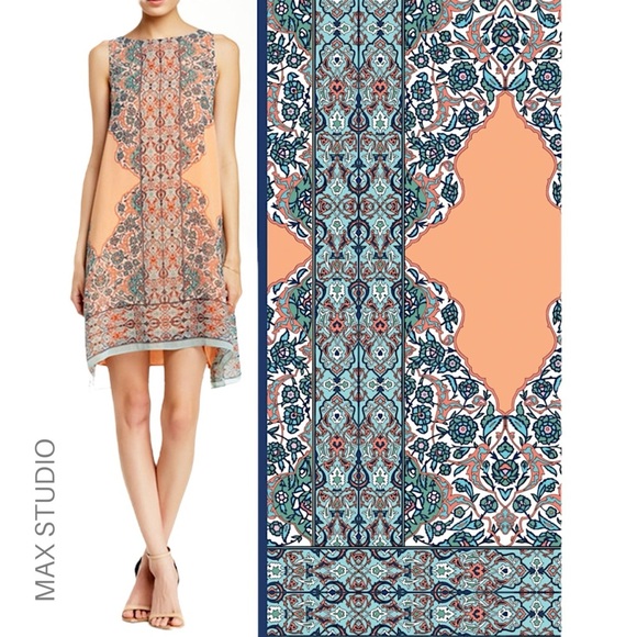 MAX STUDIO | NWOT SCARF PRINT SLEEVELESS SHIFT DRESS PEACH FLORAL | SIZE: SMALL - Picture 2 of 12